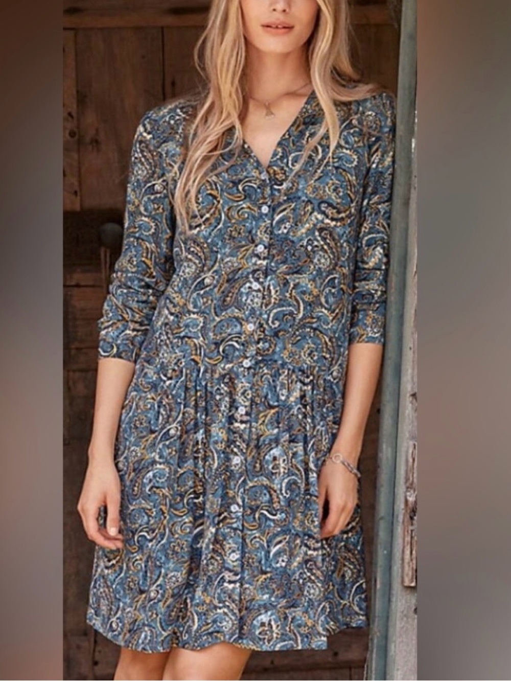 Garnet Hill Blue and Gold Paisley Flounce HemV-Neck Dress Size 14
